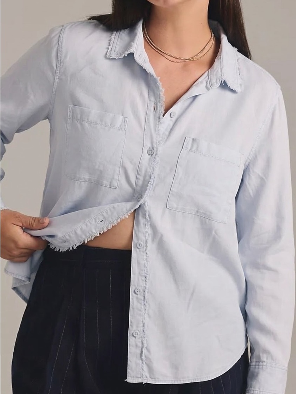 Anthropologie Cloth & Stone Button Down Shirt Size Large Fray Hem